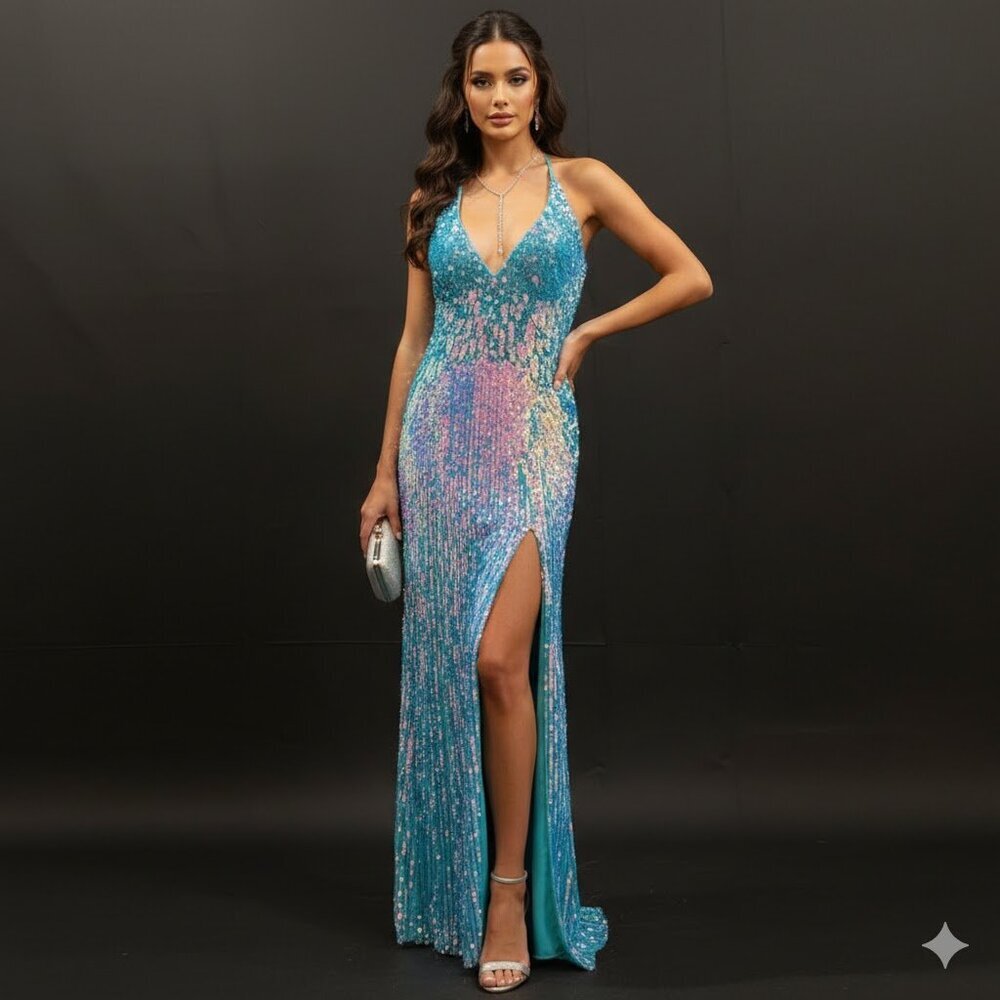 Precious Formals Multicolor Turquoise Sequin Gown